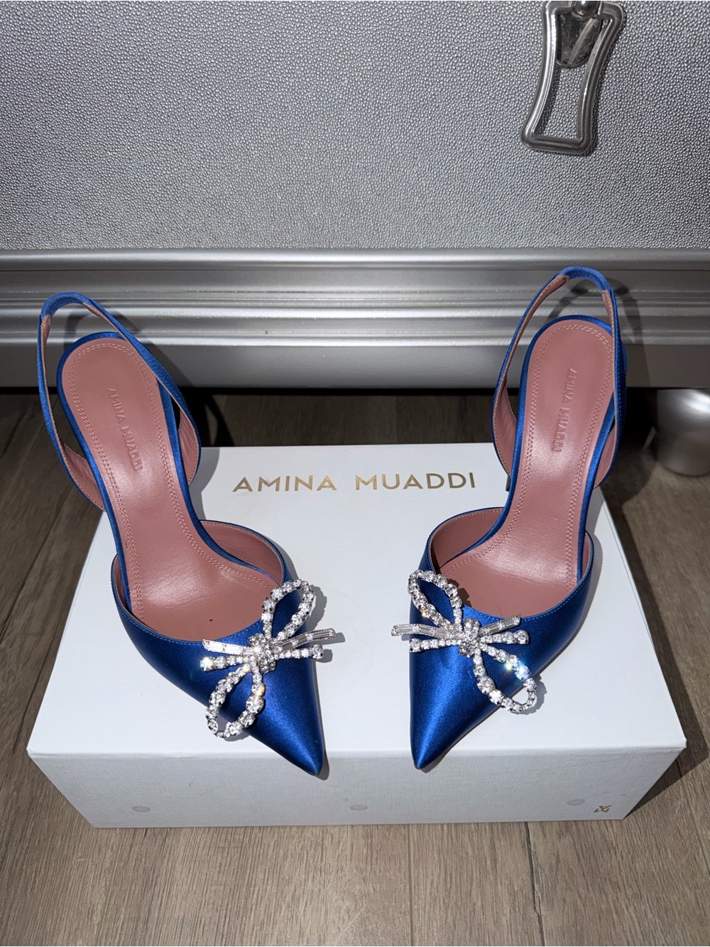 Amina Muaddi Royal Blue Satin Crystal Bow Pointed Slingbacks